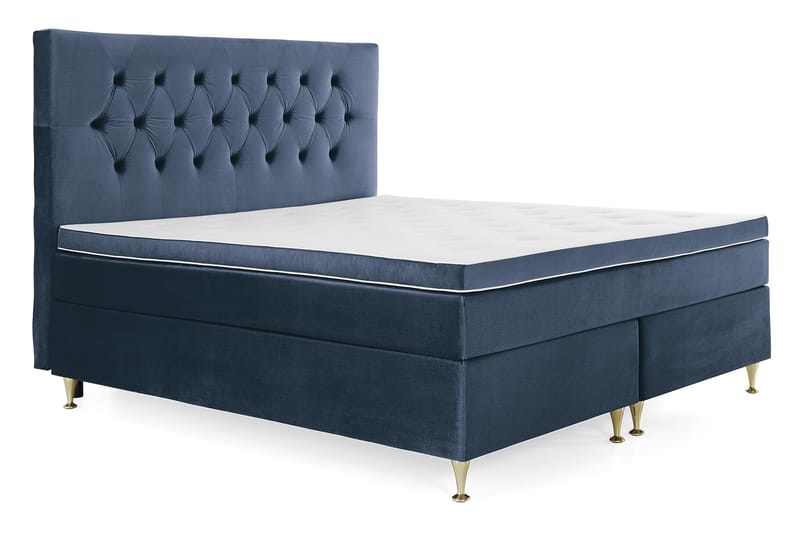 Komplett Sängpaket Torsö 180x200 - Mörkblå Sammet|Låga Guldben - Kontinentalsäng - Dubbelsäng - Komplett sängpaket