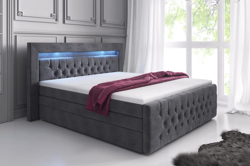 Komplett Sängpaket Celio Lyx 180x200 LED-belysning - Grå|Sammet - Säng med förvaring - Komplett sängpaket